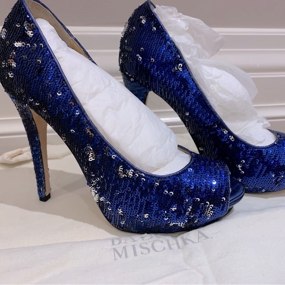 NWT Badgley Mischka blue sequence open toe pump 36.5 - Picture 1 of 6